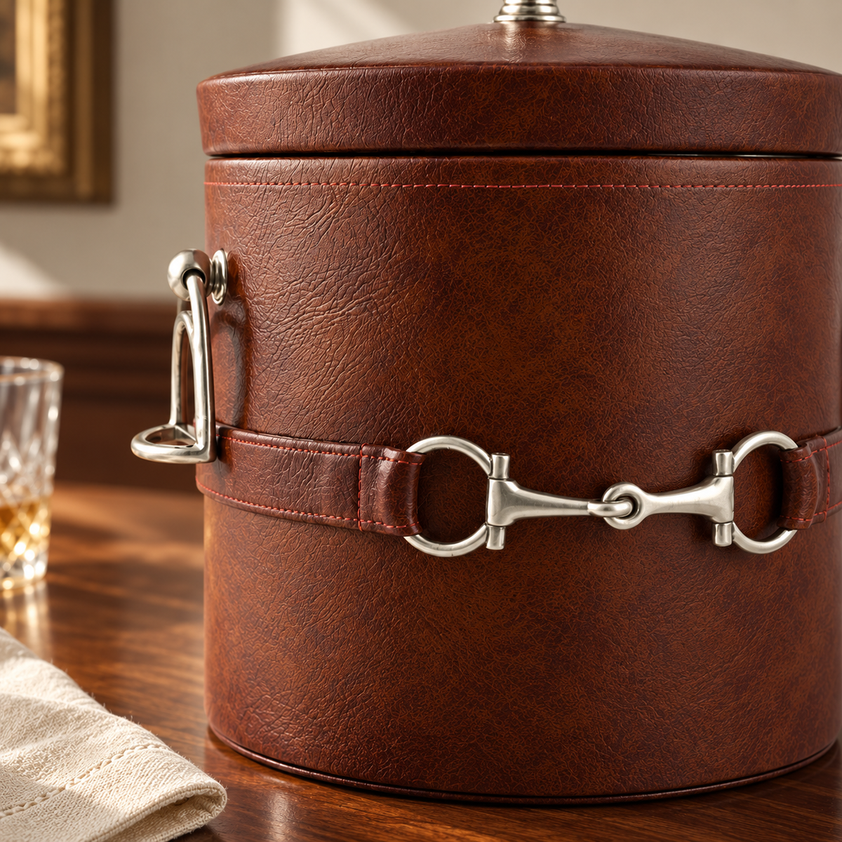 Close view of the Barnsley ice bucket showing saddle-brown texture, stitched trim, pewter horse-bit accents, and handle.