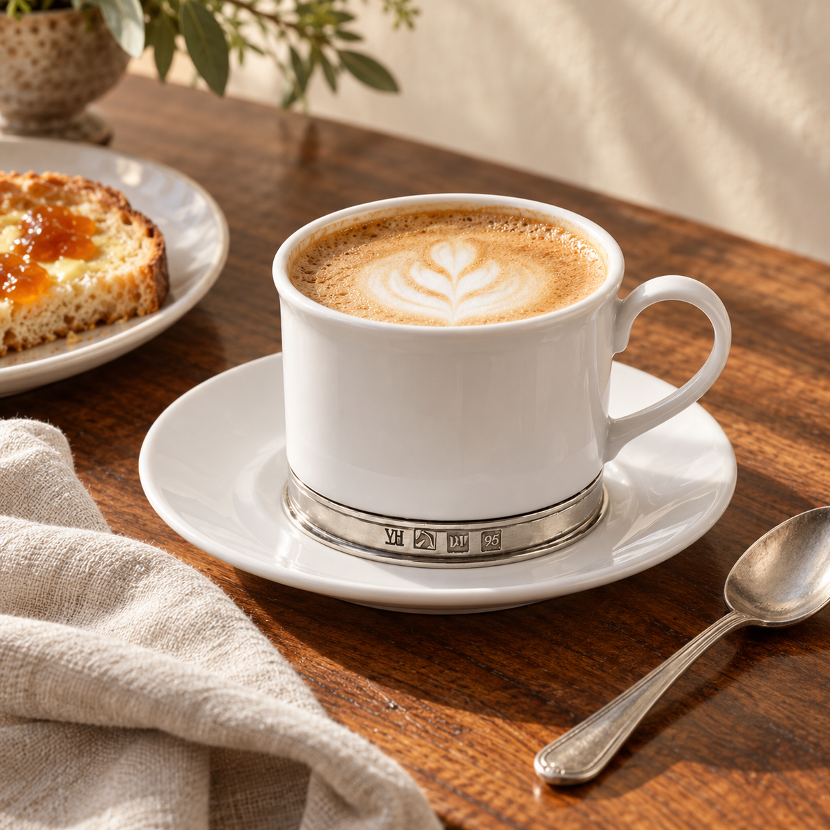White Rountree cup with pewter foot and matching saucer holding cappuccino beside linen, a silver spoon, and toast.
